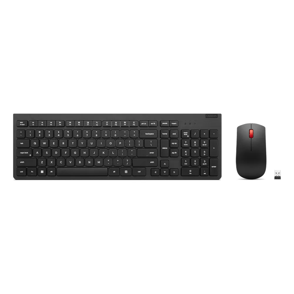 مجموعة لوحة مفاتيح وماوس لاسلكية Lenovo Essential Gen2 (إنجليزية وعربية)، لوحة مفاتيح بنسبة 100%، مستشعر ماوس بصري للتتبع بدقة 1600 نقطة لكل بوصة، تمرير الماوس باتجاهين، أسود، ضمان لمدة سنة | 4X31N50748