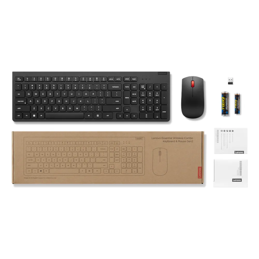مجموعة لوحة مفاتيح وماوس لاسلكية Lenovo Essential Gen2 (إنجليزية وعربية)، لوحة مفاتيح بنسبة 100%، مستشعر ماوس بصري للتتبع بدقة 1600 نقطة لكل بوصة، تمرير الماوس باتجاهين، أسود، ضمان لمدة سنة | 4X31N50748