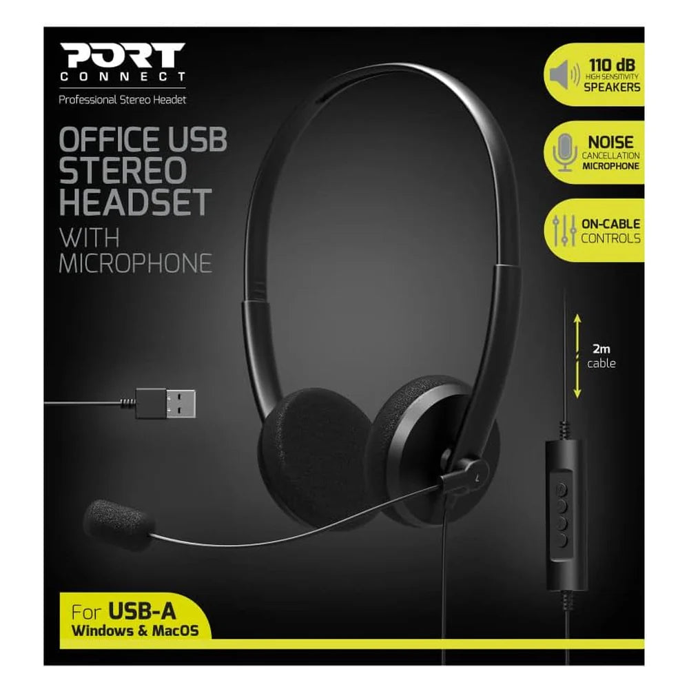 Port Designs Connect USB-A Stereo Headset, Cable Length: 2m, Black, 1 Year Warranty | 901604