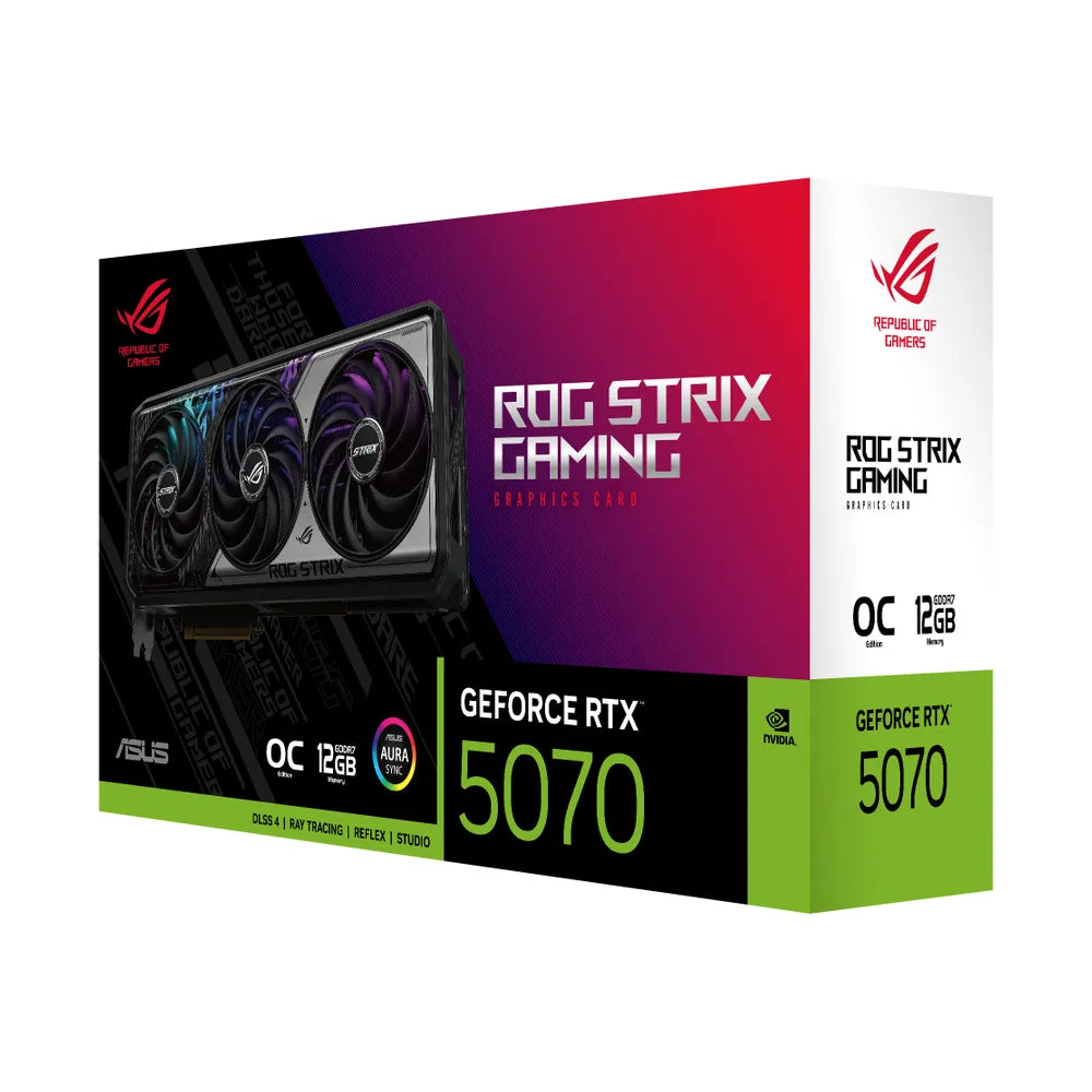 Asus ROG STRIX AR GB GeForce RTX 5070 OC Gaming Graphics Card, GDDR7 12 GB 192-bit Memory, HDMI 2.1b & DP 2.1b Outputs, PCI Express 5.0, 2685 MHz Core Clock, 28 GBps Memory Clock, 1 Year Warranty | 90YV0M80-M0NA00