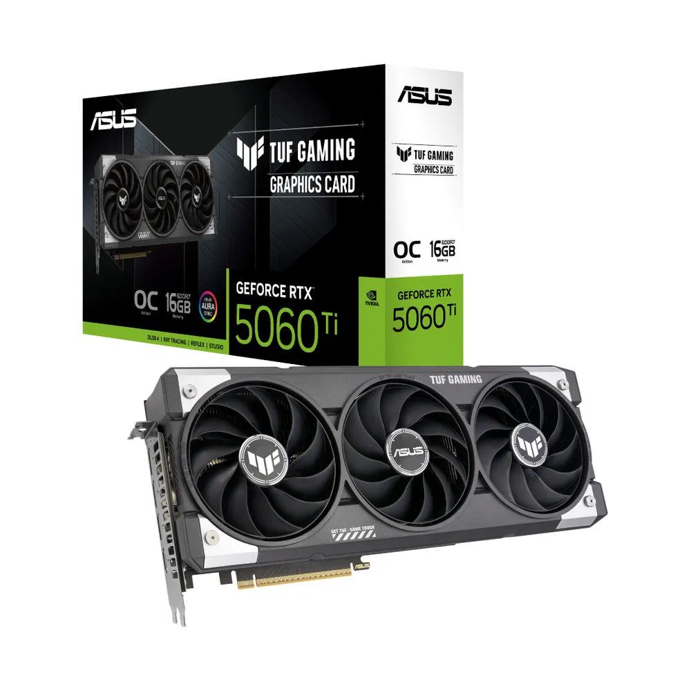 بطاقة رسومات Asus TUF Gaming GeForce RTX 5060 Ti OC Edition، ذاكرة GDDR7 بحجم 16 جيجابايت وواجهة 128 بت، ومخارج HDMI 2.1b و DP 2.1b، وواجهة PCI Express 5.0، وسرعة معالج أساسية 2692 ميجاهرتز، وسرعة ذاكرة 28 جيجابايت/ثانية، ضمان لمدة سنة | 90YV0MG0-M0NA00