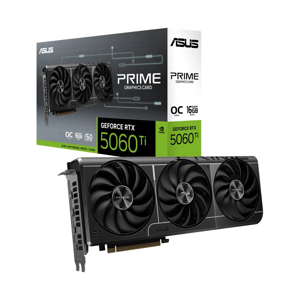 بطاقة الرسوميات Asus PRIME GeForce RTX 5060 Ti OC Edition، ذاكرة GDDR7 بحجم 16 جيجابايت وواجهة 128 بت، منافذ HDMI 2.1b وDP 2.1b، واجهة PCI Express 5.0، سرعة معالج 2647 ميجاهرتز، سرعة ذاكرة 28 جيجابت في الثانية، ضمان سنة واحدة | 90YV0MH2-M0NA00