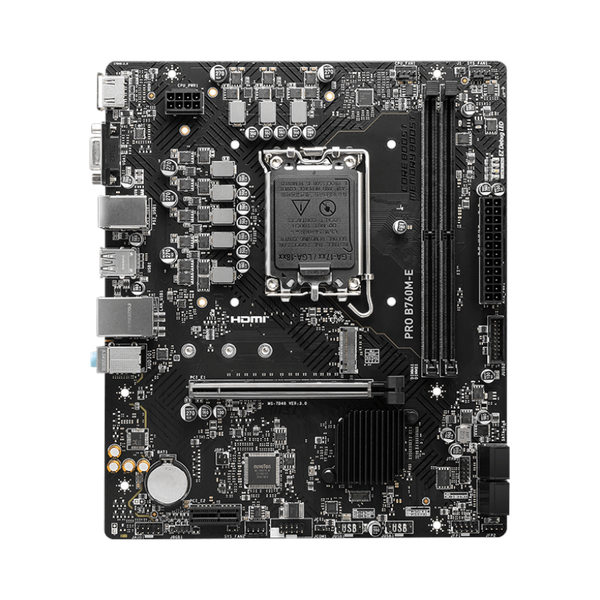Msi PRO B760M-E Motherboard, LGA 1700 Socket, mATX Form Factor, DDR5 Ram, PCIe 4.0, USB 5 GBps, HDMI 1.4, VGA, Realtek RTL8111H Gigabit LAN, PCI-E Steel Armor, 1 Year Warranty | 911-7D48-065