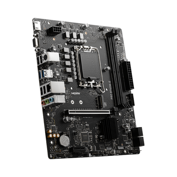 Msi PRO B760M-E Motherboard, LGA 1700 Socket, mATX Form Factor, DDR5 Ram, PCIe 4.0, USB 5 GBps, HDMI 1.4, VGA, Realtek RTL8111H Gigabit LAN, PCI-E Steel Armor, 1 Year Warranty | 911-7D48-065