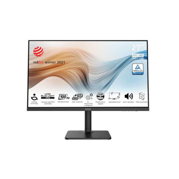 شاشة MSI 9S6-3PB19H-077 Modern MD272XP مقاس 27 بوصة بدقة FHD (1920 × 1080)، وزمن استجابة 1 مللي ثانية، ومعدل تحديث 100 هرتز، ومضادة للتوهج، ومنافذ HDMI، وDP، وUSB-C، ودوران/إمالة/محور/ارتفاع، قابلة للتعديل، وضمان سنة واحدة | 9S6-3PB19H-077
