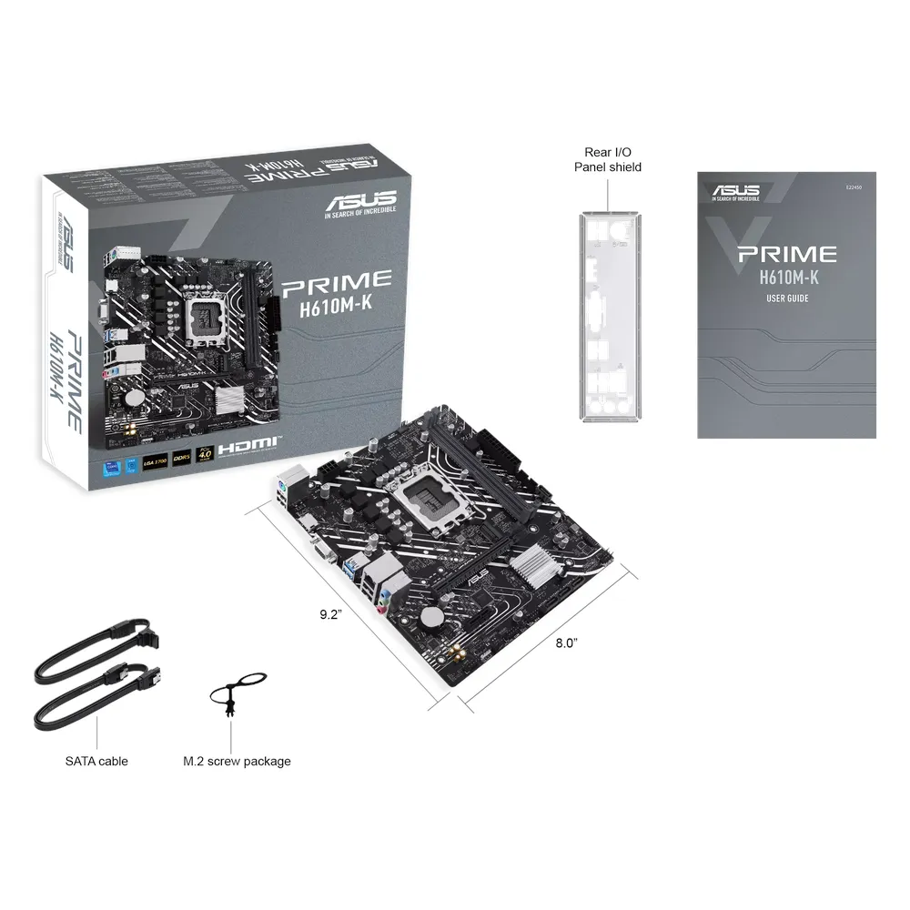 لوحة الأم Asus PRIME H610M-K، مقبس LGA1700، عامل الشكل mATX، ذاكرة وصول عشوائي DDR5، PCIe 4.0، HDMI، VGA، Realtek 1Gb إيثرنت، Aura Sync، ضمان سنة واحدة | 90MB1GA0-M0EAY0