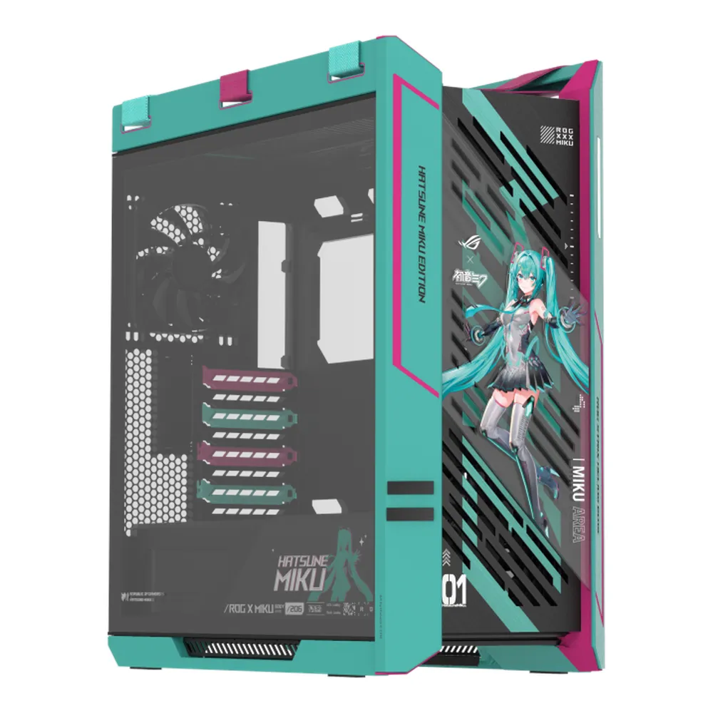 Asus ROG Strix Helios II Hatsune Miku Edition Tower PC Case, Removable Dust Filters, 4 x Pre-installed Fans, 190mm GPU Support, Advanced I/O panel, USB 3.2 Gen 2, Black/Hatsune Miku's Signature, 1 Year Warranty | 90DC00W0-B39010