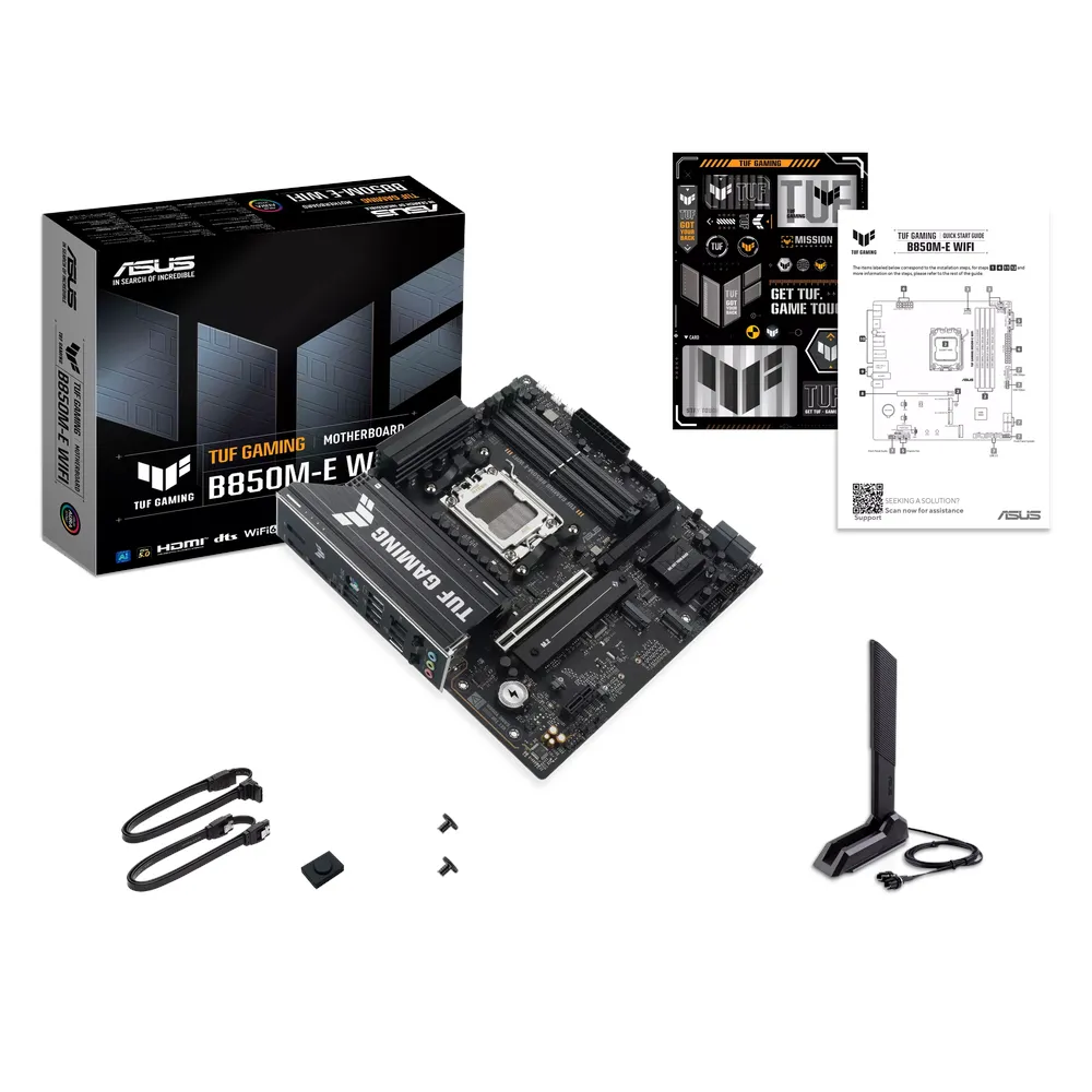 Asus TUF Gaming B850M-E WiFi Motherboard, AM5 Socket, mATX Form Factor, DDR5 Ram, PCIe 5.0 With SafeSlot Core+, Wi-Fi 6E, Bluetooth v5.4, HDMI, DisplayPort, Realtek 2.5Gb Ethernet With Asus LANGuard, Aura Sync, 1 Year Warranty | 90MB1LS0-M0EAY0