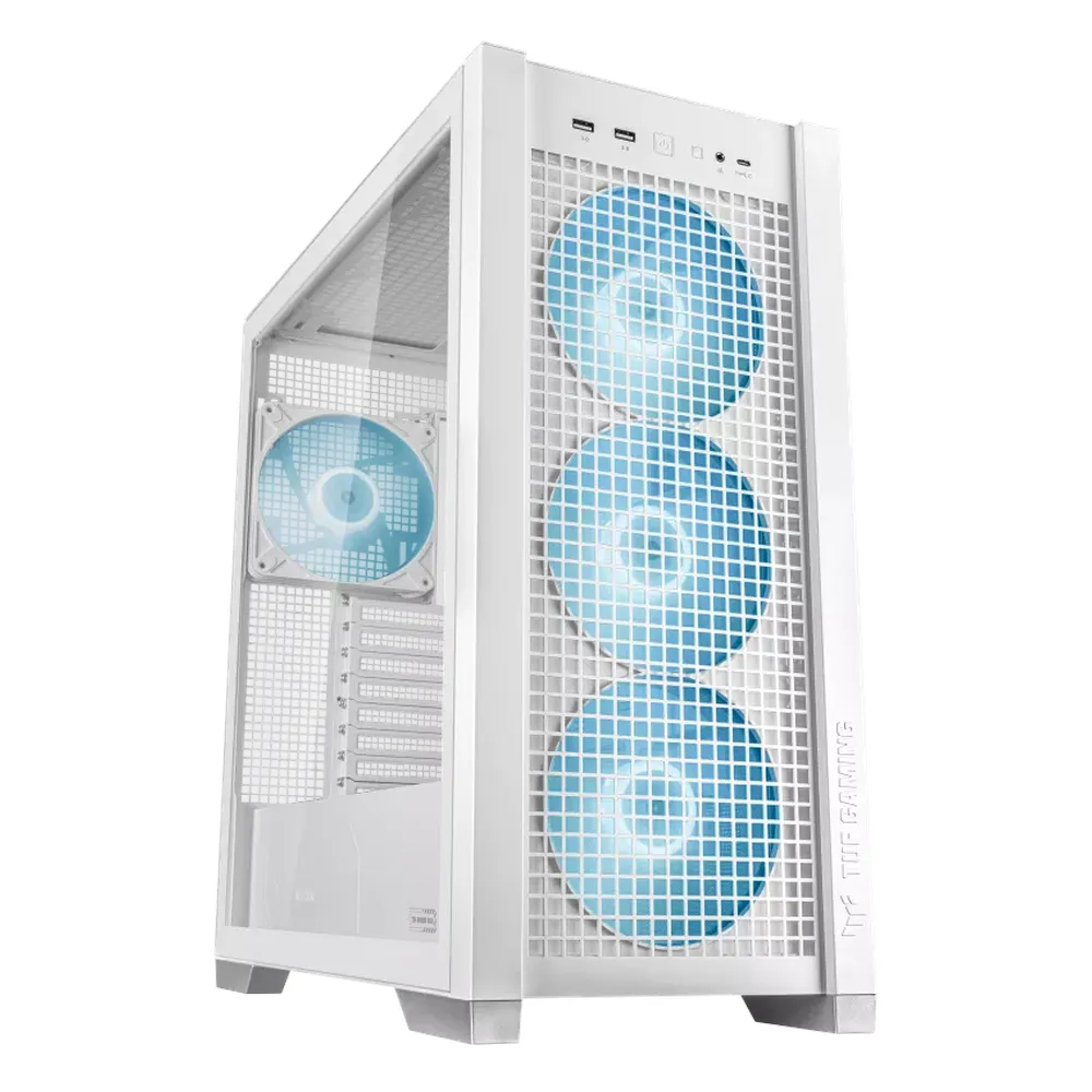 Asus TUF Gaming GT302 ARGB E-ATX Tower PC Case, Detachable top panel, Tempered Glass Side Panel, Removable Dust Filters, 4 x Pre-installed ARGB Fans, 407mm GPU Support, USB 3.2 Gen 2, Aura Sync, White, 1 Year Warranty | 90DC00I3-B19000