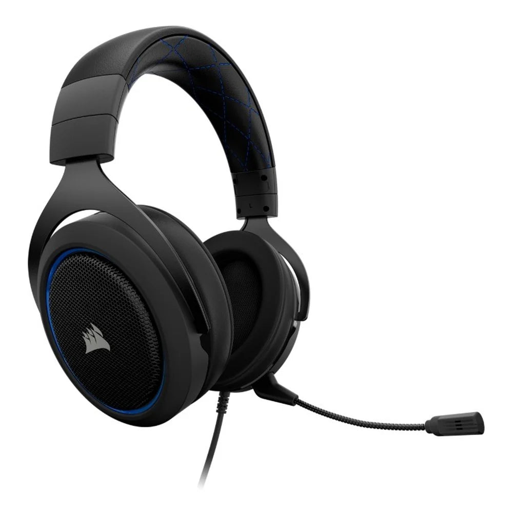 Corsair HS50 Stereo Gaming Headset, 50mm Neodymium Drivers, Memory Foam Ear Cups, Detachable Noise-Cancelling Microphone, Blue, 1 Year Warranty | CA-9011172-AP