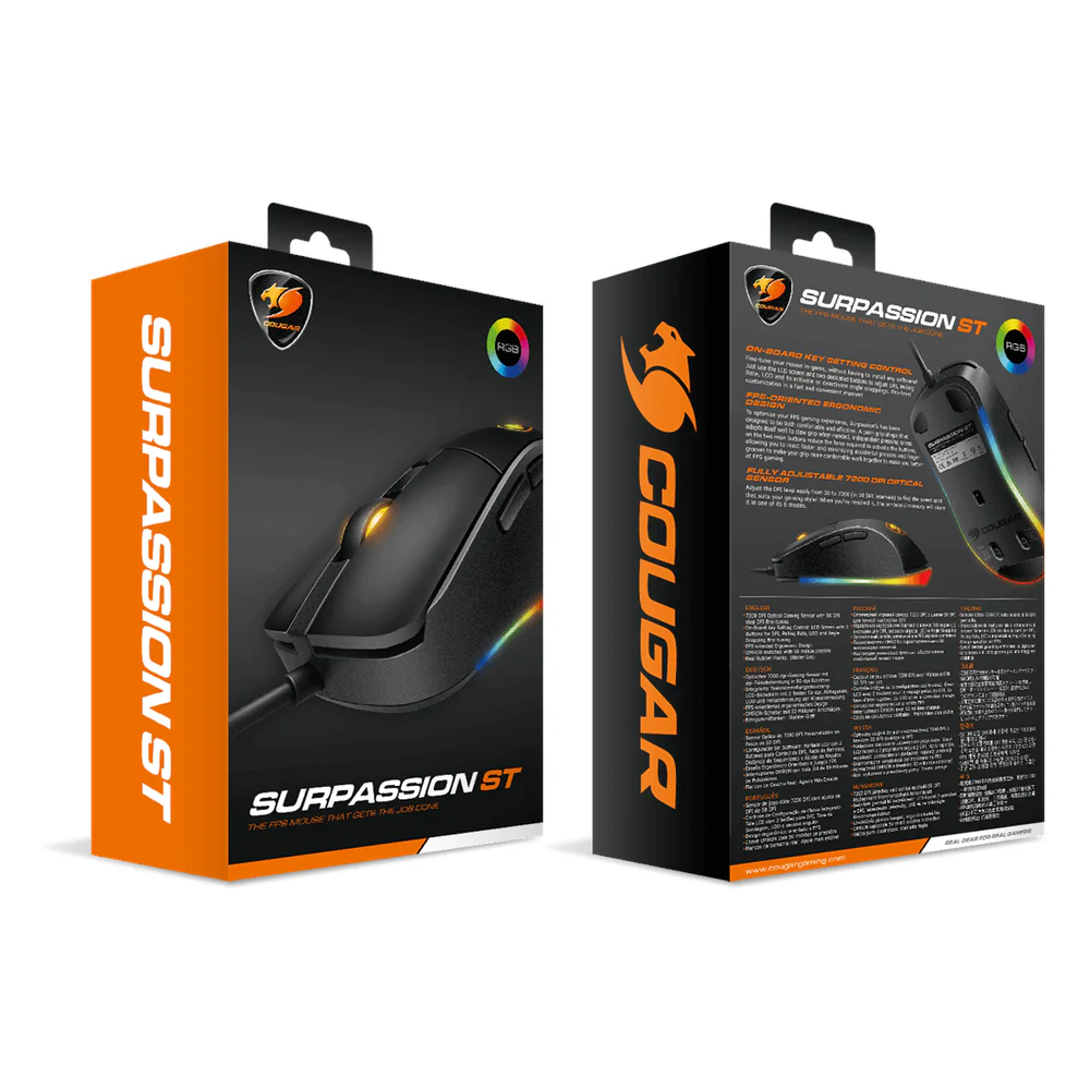 Cougar Surpassion ST Optical Wired R GB Gaming Mouse, 3200 DPI PixArt PMW3325 Optical Gaming sensor, 1000 Hz Polling Rate, Mechanical Gaming Switch, 6 x Buttons, Ergonomic, Right-Handed Design, Black, 1 Year Warranty | CGR-SURPASSION-ST