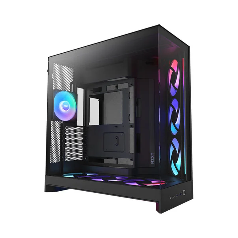 NZXT H9 Flow R GB+ Large Dual-Chamber Mid-Tower ATX Airflow Case, Dark Tinted Tempered Glass Side Window, 2 x F420 R GB Core single-frame Fans, 1 x F120 R GB Core (CV) Fan, Full-Size GPU Support, USB 3.2 Gen2x2, NZXT Control Hub Included, Black, 1 Year