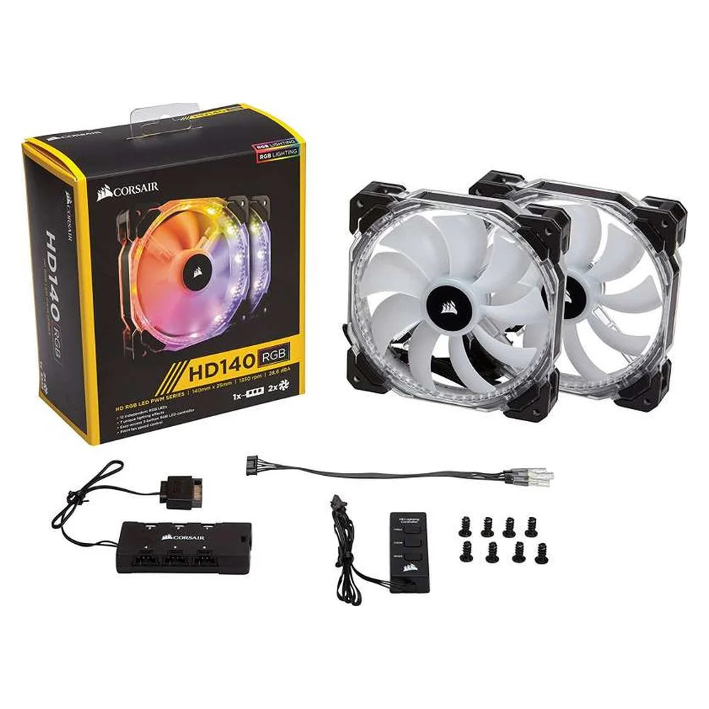 Corsair HD140 RGB LED High Performance 140mm PWM Case Fan, Twin Pack with Controller, Hydraulic Bearing, 600-1350 RPM, Black, 1 Year Warranty | CO-9050069-WW