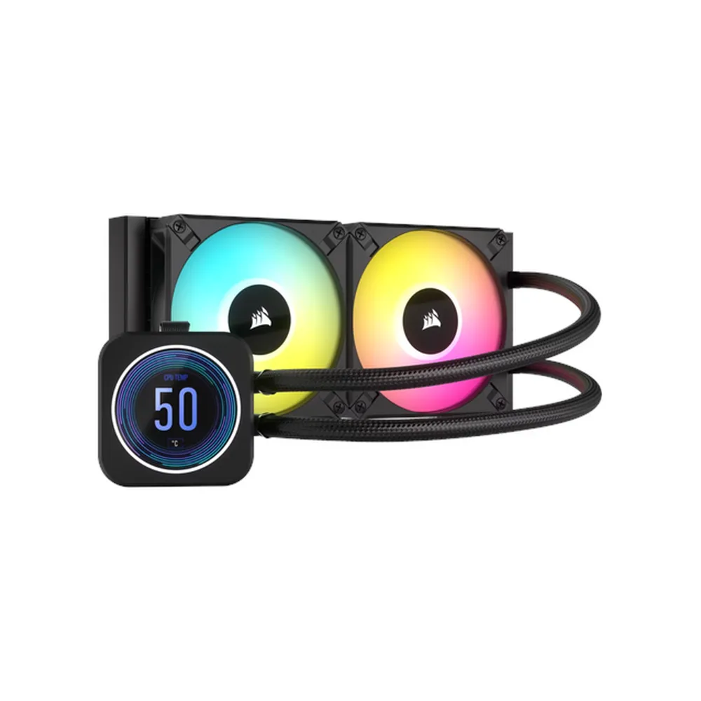 مبرد سائل كورسير iCUE H100i Elite XT AIO RGB، شاشة IPS LCD مقاس 2.1 بوصة، رادياتير 240 مم، يدعم مقابس Intel و AMD، أسود، ضمان لمدة سنة | CW-9060074-WW