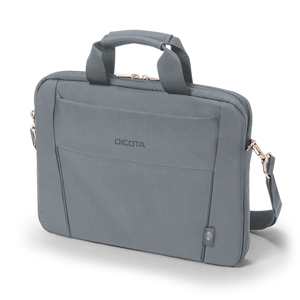 Dicota Slim Case Base, Fits up to 14.1" Laptops, Polyester, Metal Frame, Padded Notebook Compartment, Front Accessory Pocket, Rear Document Compartment, Comfortable Padded Handle, Removable Adjustable Shoulder Strap, Grey, 1 Year Warranty | D31305-RPET
