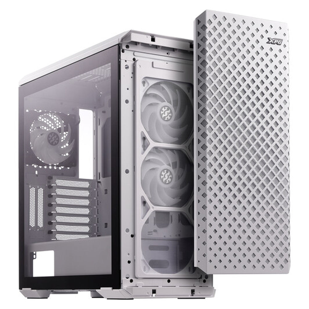حافظة كمبيوتر XPG Defender Pro Mid-Tower E-ATX، لوحة جانبية من الزجاج المقوى مع تصميم لوحة شبكية، 3 مراوح XPG VENTO AR GB بحجم 120 ملم، دعم بطاقة رسوميات بطول 400 ملم، USB 3.0، أبيض، ضمان لمدة سنة | DEFENDERPRO-WHCWW