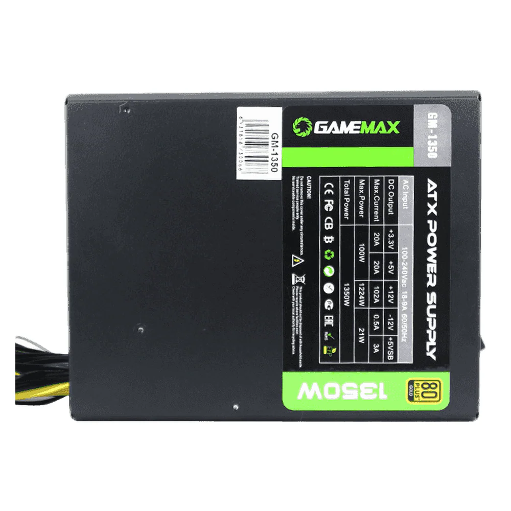 GameMax GM1350 Mining 80 Plus Gold Power Supply, 1350W, ATX, 140mm Fan, Double Forward Technology, Black, 1 Year Warranty | GM-GM1350-MINING