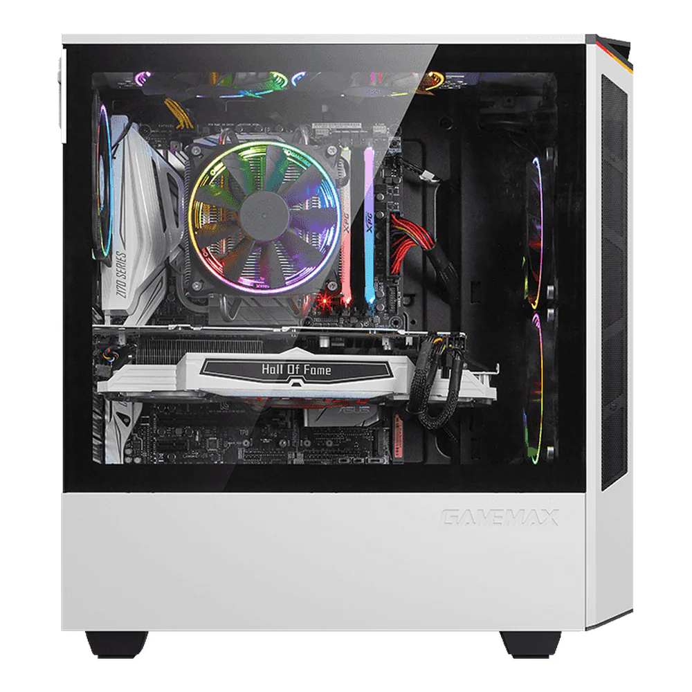 Gamemax Paladin T801 AR GB ATX PC Case, Tempered Glass Side Panel, 1 x AR GB 12cm Rainbow Fan, 360mm GPU Support, USB 3.1 Gen 1, White, 1 Year Warranty | GM-T801-PAL-WH
