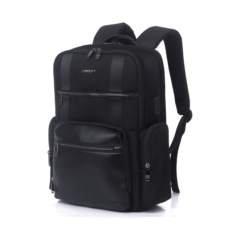 Genuine Travel Mate Laptop Backpack, Fits up to 16” Laptops, High-Quality Polyester, Water-Resistant Design, Dual Main Compartments, Type-C USB Port, Carry Strap, Black, 1 Year Warranty | GN-B240926BK