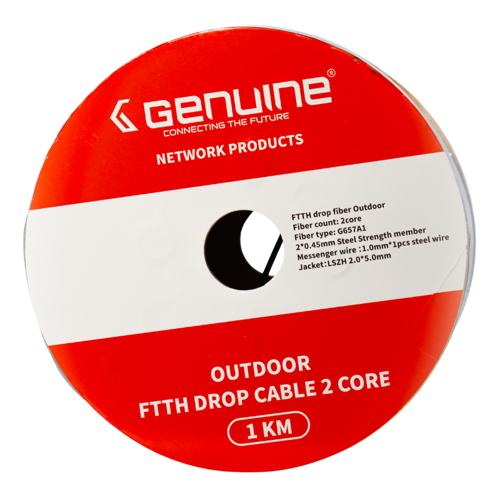 Genuine FTTH Outdoor Fiber Optic Cable, 2-Core Fiber, 1000M Length, LSZH Jacket, Steel Strength Member, 1 Year Warranty | GN-FC2CO-1000M