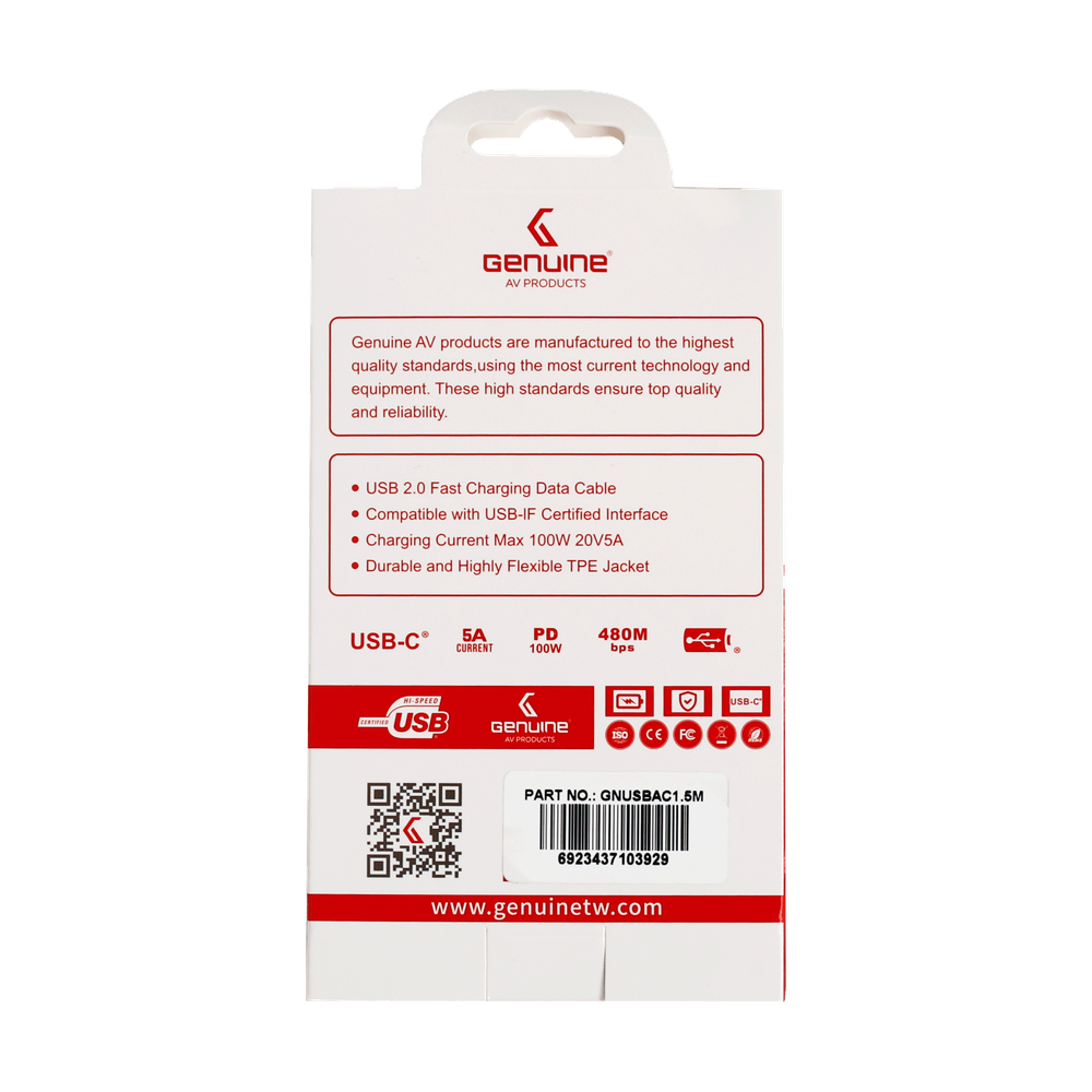 Genuine USB 2.0 - A to C Cable, Cable Length 1.5M, 100W, Pink, 1 Year Warranty | GN-USBAC1.5M-PK
