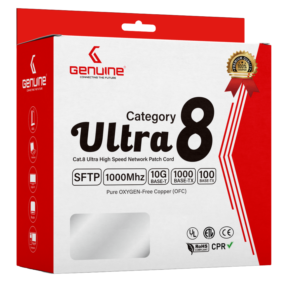 كابل CAT8 أصلي S/FTP، طول 10 متر، نحاس نقي 22AWG، غلاف PVC، رمادي، علبة تعبئة، ضمان سنة واحدة | GNPC-C8SFTPGRY-10