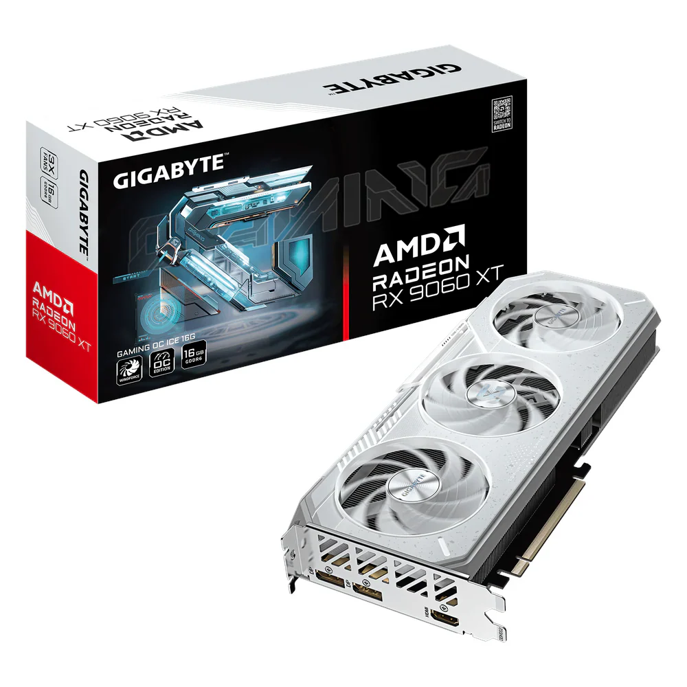 Gigabyte AMD Radeon RX 9060 XT GAMING OC ICE Graphics Card, GDDR6 16GB 128-bit Memory, DisplayPort 2.1a & HDMI 2.1b, PCI Express 5.0, Up to 3320 MHz Boost Clock, 20 Gbps Memory Clock, WINDFORCE Cooling System, White, 1 Year Warranty | GV-906XGAMING-OC-ICE