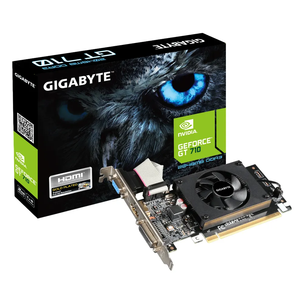 Gigabyte GeForce GT 710 Graphics Card, DDR3 2GB 64-bit Memory, HDMI 2.1b, DVI, D-Sub Outputs, PCI Express 2.0, 954 MHz Boost Clock, 1600 MHz Memory Clock, 1 Year Warranty | GV-N710D3-2GL