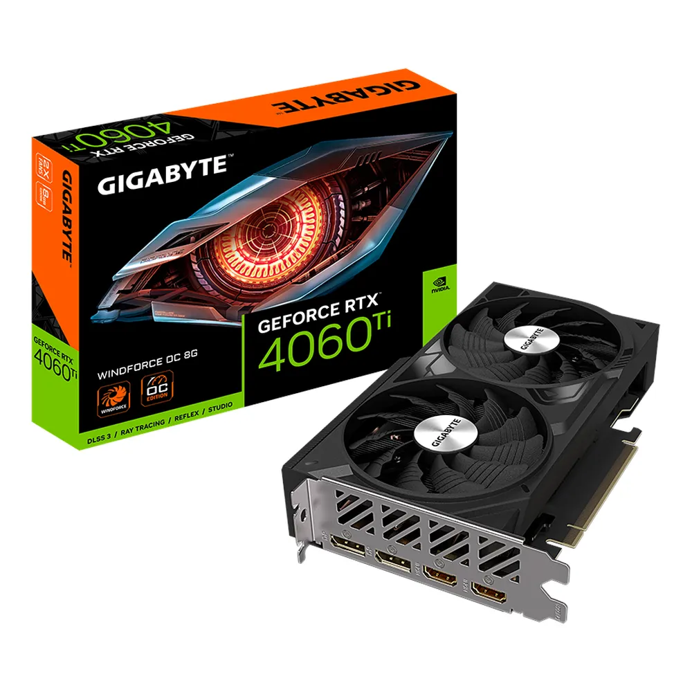 Gigabyte WINDFORCE OC GeForce RTX 4060 Ti Graphics Card, GDDR6 8GB 128-bit Memory, HDMI 2.1a & DP 1.4a Outputs, PCI Express 4.0, 2550 MHz Core Clock, 18 Gbps Memory Clock, Dual Fan Windforce Cooling System, 1 Year Warranty | GV-N406TWF2-OC-8GD