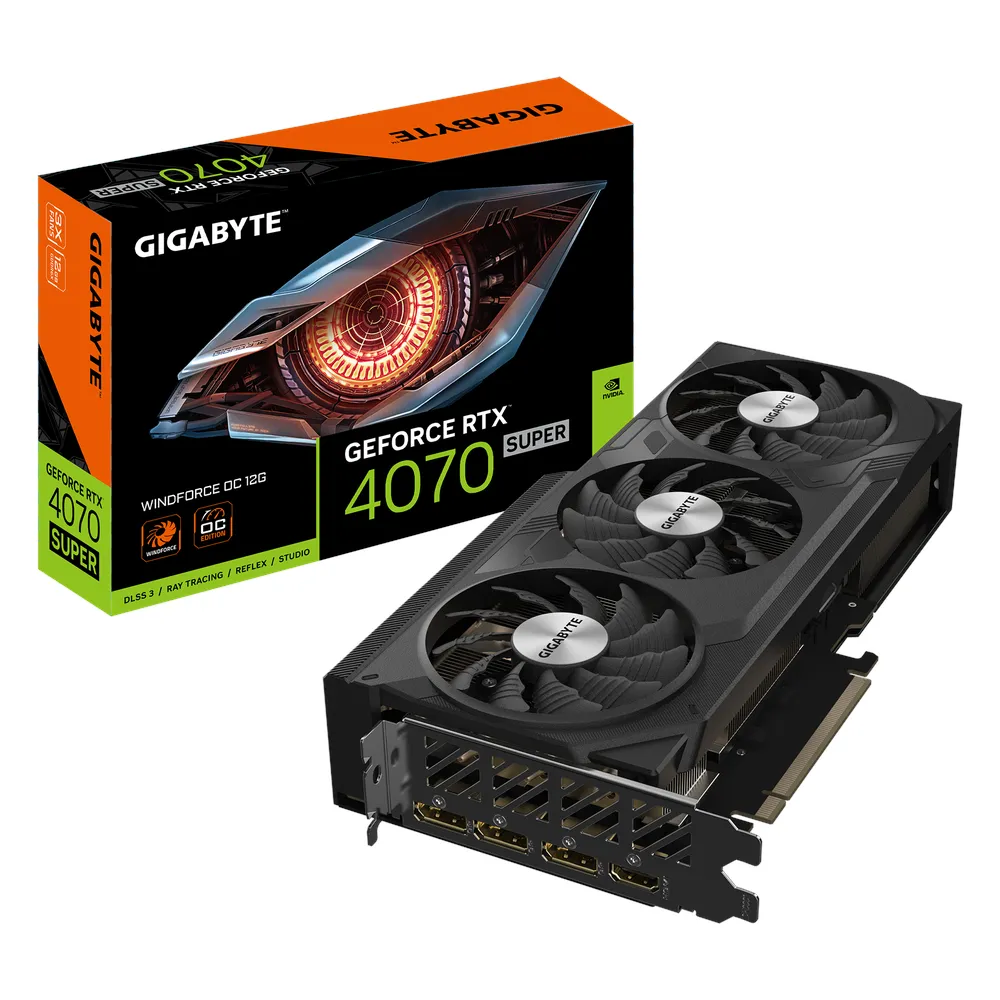 Gigabyte WINDFORCE OC GeForce RTX 4070 Super Graphics Card, GDDR6X 12GB 192-bit Memory, HDMI 2.1a & DP 1.4a Outputs, PCI Express 4.0, 2505 MHz Core Clock, 21 Gbps Memory Clock, Triple Fan Windforce Cooling System, 1 Year Warranty | GV-N407SWF3OC-12GD