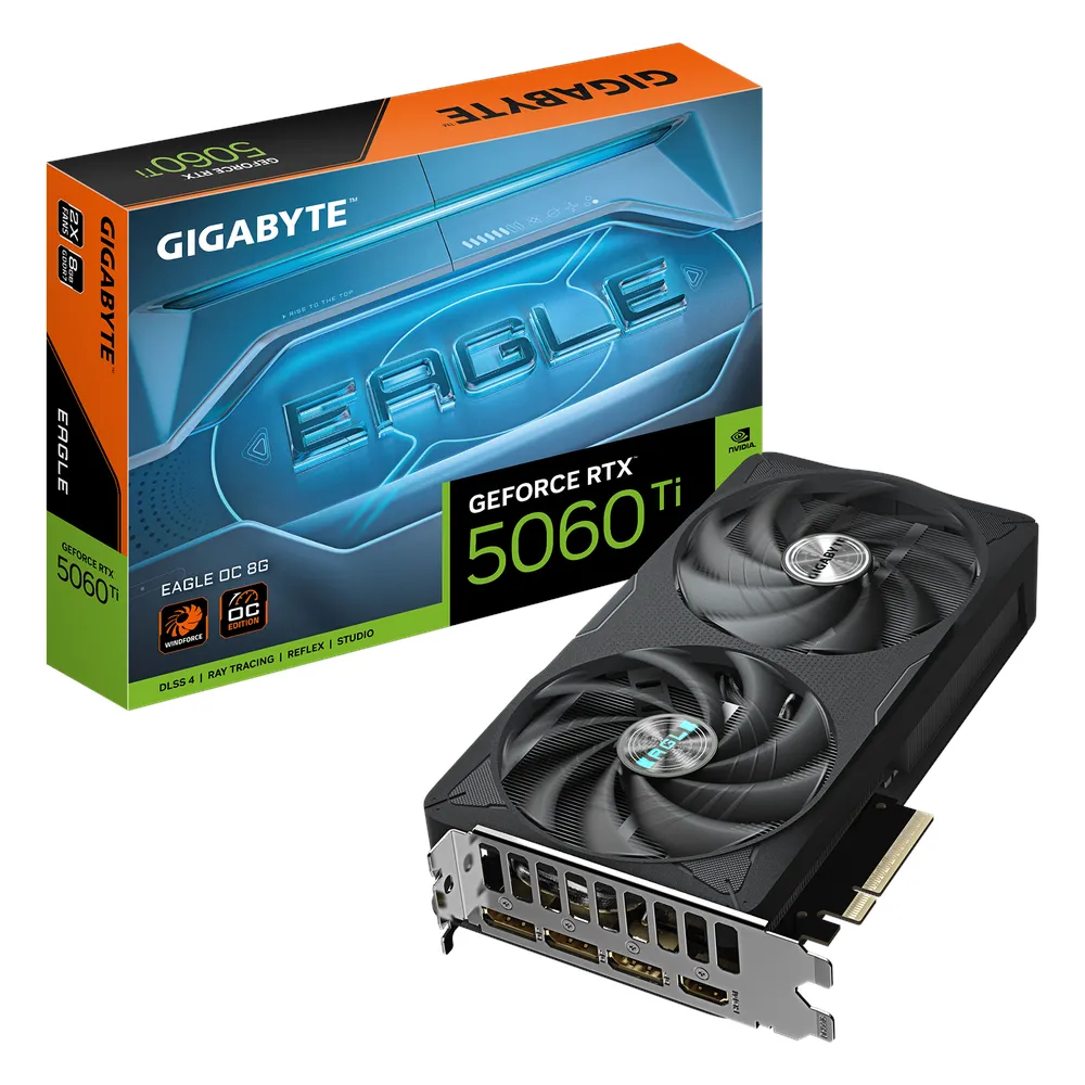 Gigabyte EAGLE OC GeForce RTX 5060 Ti Graphics Card, GDDR7 8GB 128-bit Memory, HDMI 2.1b & DP 2.1b Outputs, PCI Express 5.0, 2617 MHz Core Clock, 28 Gbps Memory Clock, Dual Windforce Hawk Fans, 1 Year Warranty | GV-N506TEAGLE-OC-8GD
