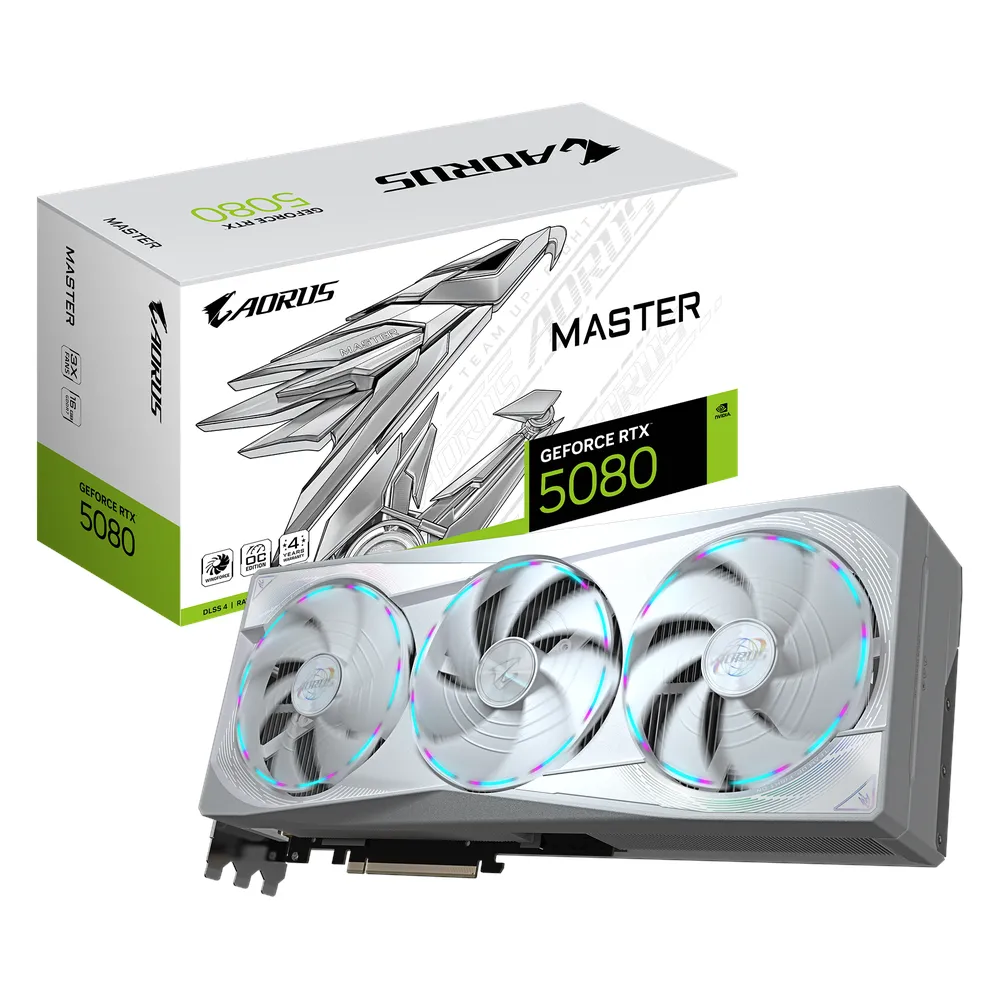 Gigabyte AORUS GeForce RTX 5080 MASTER ICE Graphics Card, GDDR7 16GB 256-bit Memory, HDMI 2.1b & DP 2.1b Outputs, PCI Express 5.0, 2805 MHz Core Clock, 30 Gbps Memory Clock, Triple Windforce Hawk Fans, LCD Edge View, RGB Halo, Dual BIOS, White, 1 Year