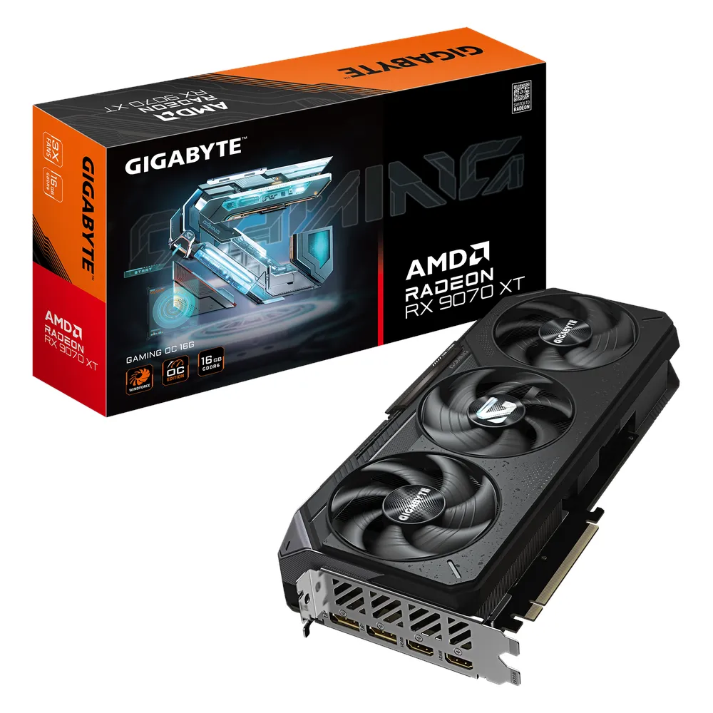 Gigabyte GAMING OC AMD Radeon RX 9070 XT Graphics Card, GDDR6 16GB 256-bit Memory, HDMI 2.1b & DP 2.1a Outputs, PCI Express 5.0, 3060 MHz Boost Clock, 20 Gbps Memory Clock, Triple Fan Windforce Cooling System, Dual BIOS, RGB Lighting, 1 Year Warranty |