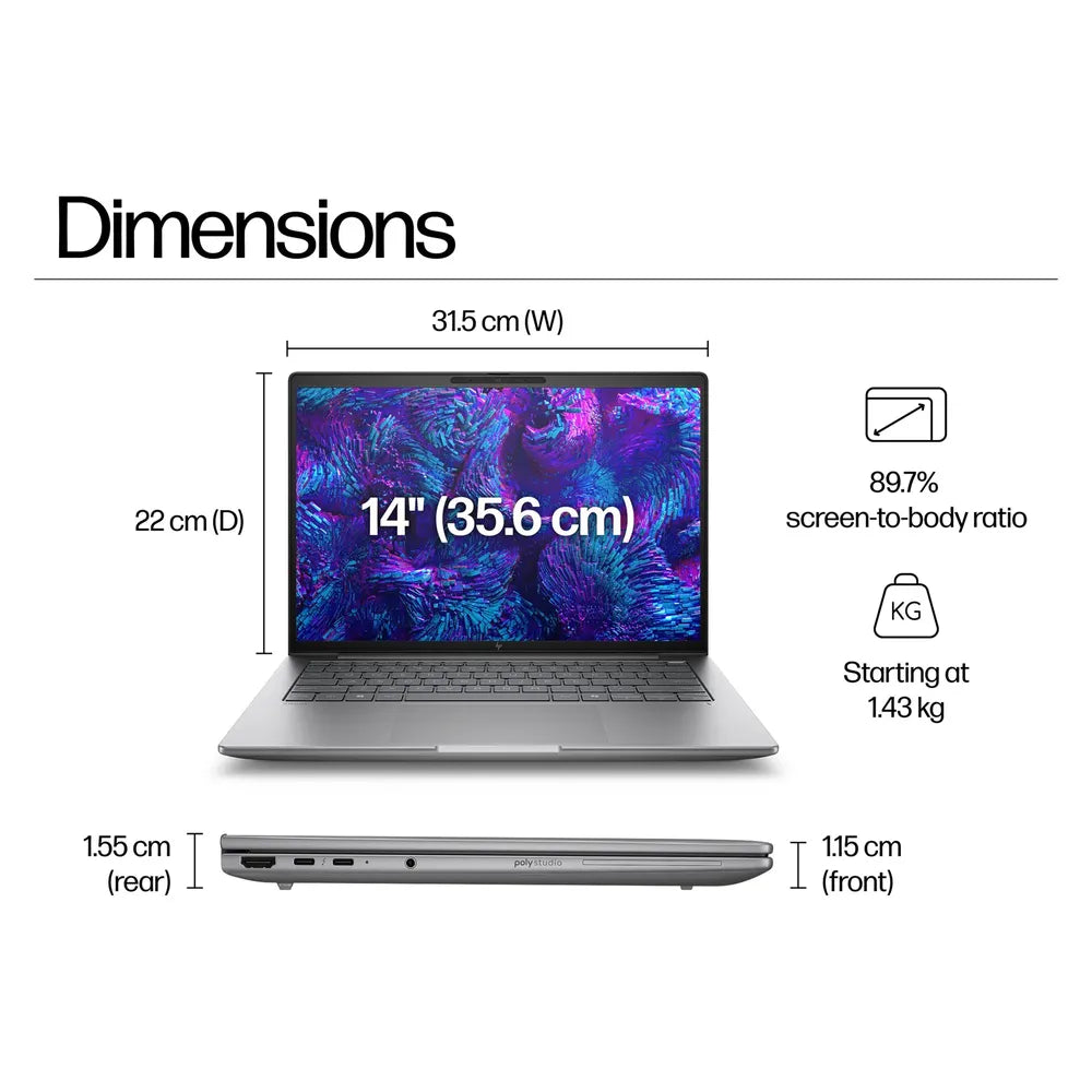 HP ZBook 8 G1i Laptop, Intel Core Ultra 7 255U Processor, 16GB RAM, 1TB SSD, 14" WUXGA Display, Windows 11 Pro, English & Arabic Backlit Keyboard, 1 Year Warranty | B30KVES