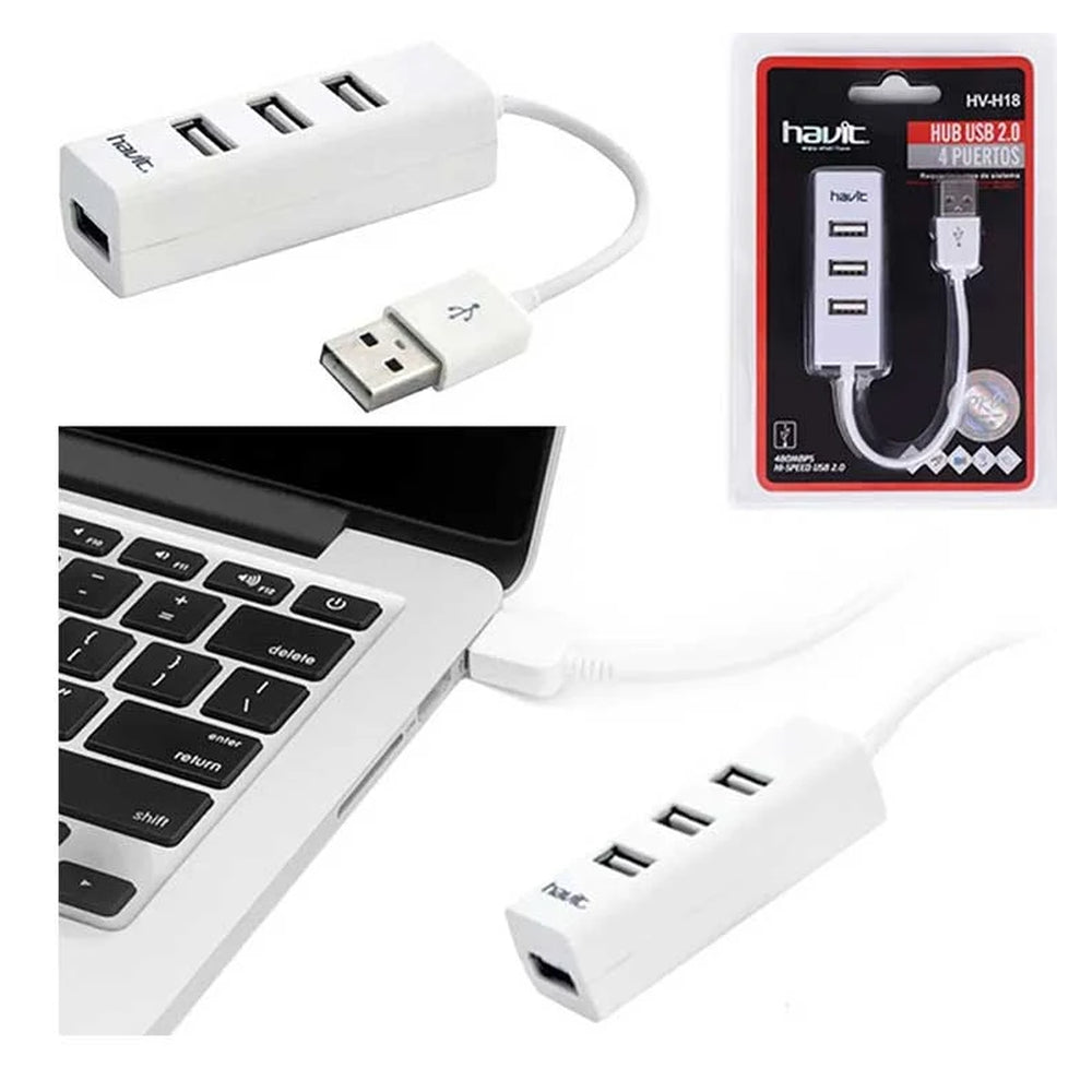 Havit HV-H18 موزع USB 2.0 بأربع منافذ، USB-A 2.0، تصميم صغير، أبيض، ضمان لمدة سنة | HV-H18-WH