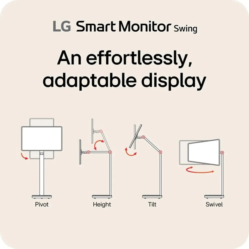 LG 4K IPS Touchscreen Smart Monitor Swing with Rolling Stand, 32" UHD (3840 x 2160) Resolution, 60Hz, Anti-glare, 5ms (GtG) Response Time, HDMI, DP, Tilt/Height/Swivel/Pivot Adjustable Stand, White, 1 Year Warranty | 32U889SA-WAMA