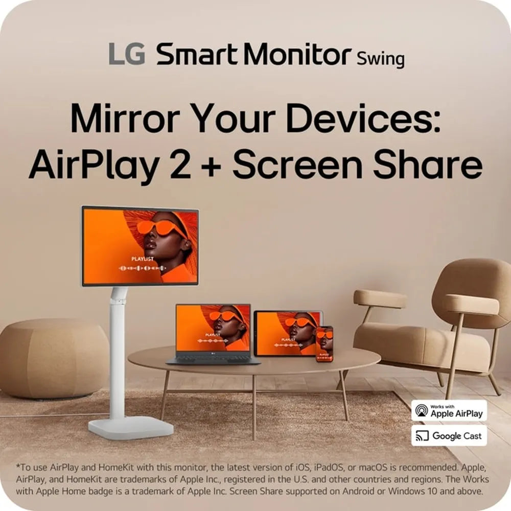 LG 4K IPS Touchscreen Smart Monitor Swing with Rolling Stand, 32" UHD (3840 x 2160) Resolution, 60Hz, Anti-glare, 5ms (GtG) Response Time, HDMI, DP, Tilt/Height/Swivel/Pivot Adjustable Stand, White, 1 Year Warranty | 32U889SA-WAMA