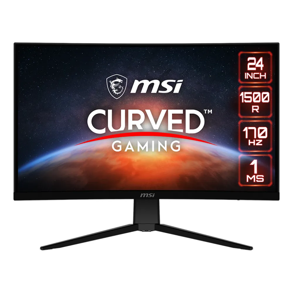 شاشة الألعاب المنحنية MSI G242C، مقاس 24 بوصة بدقة FHD (1920x1080)، 170 هرتز، مضادة للتوهج، زمن استجابة 1 مللي ثانية (MPRT)، منفذ DP، منفذ HDMI، حامل قابل للتعديل بالإمالة، لون أسود، ضمان لمدة سنة | 9S6-3BB31H-009