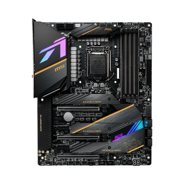 Msi MEG Z490 ACE WiFi AR GB Motherboard, LGA 1200 Socket, ATX Form Factor, DDR4 Ram, PCIe 3.0, Intel Wi-Fi 6 AX201, Bluetooth 5.1, USB 20 GBps, Realtek 8125B 2.5G LAN + Intel I219V Gigabit LAN, M.2 Sheild Frozr, 1 Year Warranty | MSI-MEG-Z490-ACE