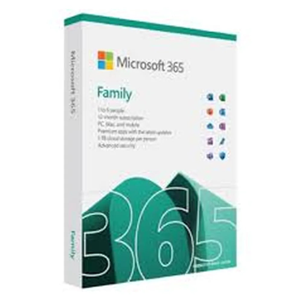 ترخيص Microsoft 365 Family، لـ 6 مستخدمين - 5 أجهزة لكل مستخدم، Outlook، Word، Excel، PowerPoint، OneNote، OneDrive، Microsoft Defender، Clipchamp، Microsoft Designer، معالج 1.6 جيجاهرتز، 4 جيجابايت RAM، 4 جيجابايت تخزين، ترخيص إلكتروني | 6GQ-01899