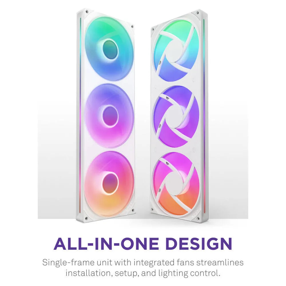 NZXT F420 RGB Core Single-Frame RGB Fan Unit, 3 x Fans, Fluid Dynamic Bearing, 420mm Frame Size, 2000 rpm Fan Speed, Addressable RGB LED Lighting, White, 1 Year Warranty | RF-U42HF-W1