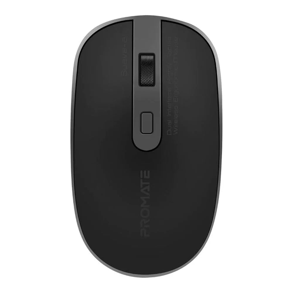 Promate Suave-2 Wireless Optical Mouse, 2.4 GHz Wireless Connectivity, 1600 DPI Resolution, Optical Sensor, Dual Interface Receiver (USB-A & USB-C), Slim Shape, Black, 1 Year Warranty | PR-SUAVE-2-BK