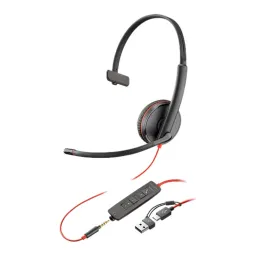سماعة رأس ستريو Poly Blackwire 3325 بمنفذ USB-C، مقبس 3.5 ملم + محول USB-C/A، ميكروفون بخاصية إلغاء الضوضاء، حجم مكبر الصوت 32 ملم، أسود، ضمان سنة واحدة | 8X221AA
