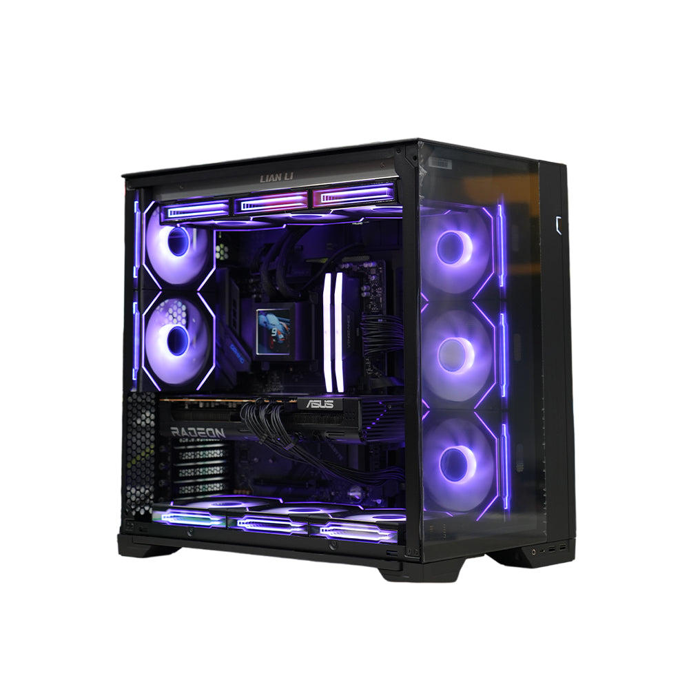 Pre-Built Lian Li O11 Vision Tower Gaming PC, AMD Ryzen 7 9800X3D Processor, 32GB RAM, 4TB SSD, 16GB Asus RX 9070XT Prime OC, Gigabyte X870 Gaming WiFi6 Motherboard, Liquid Cooler, NZXT 1000W Power Supply, DOS, 1 Year Warranty | Lian-Li-R7-RX9070XT