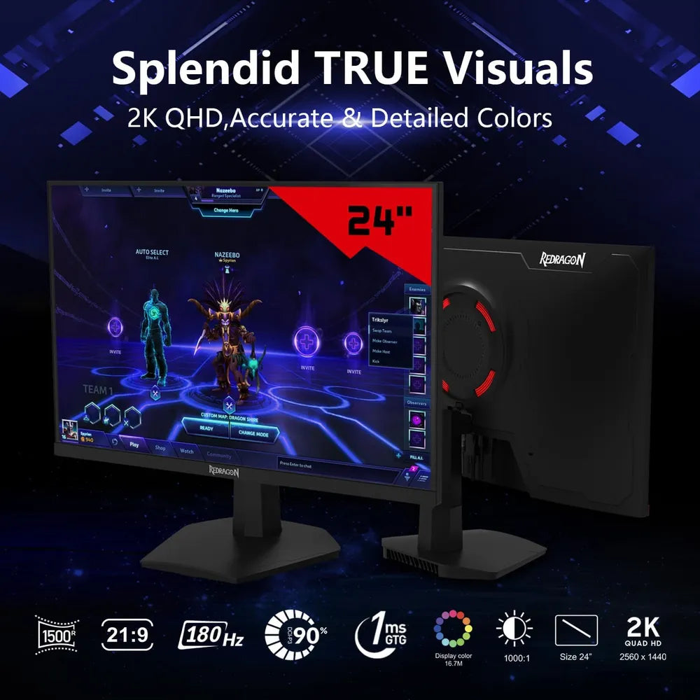 شاشة ألعاب Redragon AZUR-III، دقة 24 بوصة FHD (1920 × 1080)، 200 هرتز، مضادة للتوهج، زمن استجابة 1 مللي ثانية، HDMI، منفذ عرض (DP)، حامل قابل للإمالة، أسود، ضمان سنة واحدة | GM24X5IPS