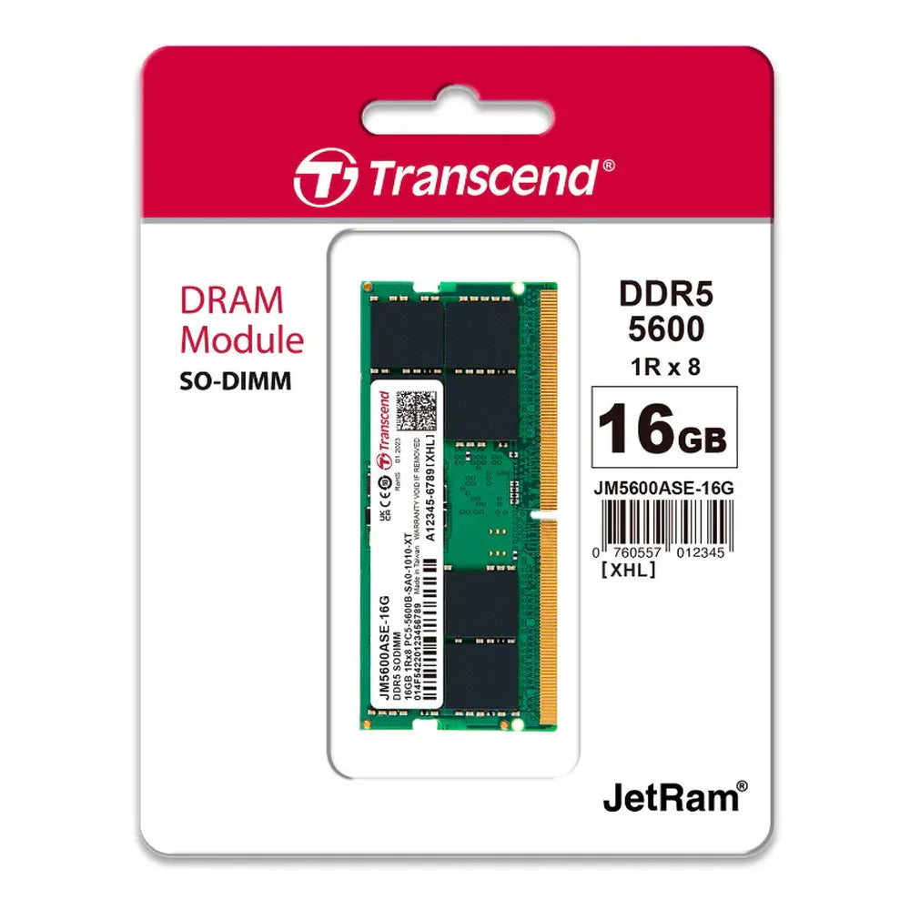Transcend SO-DIMM Memory Module, 16GB (1x16GB), DDR5 DRAM, 5600 MT/s, 1 Year Warranty | JM5600ASE-16G