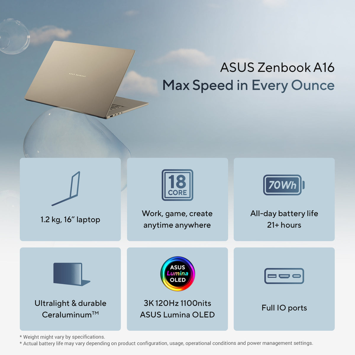 Asus Zenbook A16 UX3607OA Laptop, Snapdragon X2 Elite Extreme X2E94100 Processor, 48GB RAM, 1TB SSD, 16" 3K OLED 120Hz Display, Windows 11 Home, Backlit English & Arabic Keyboard, 1 Year Warranty | UX3607OA-SQ013W