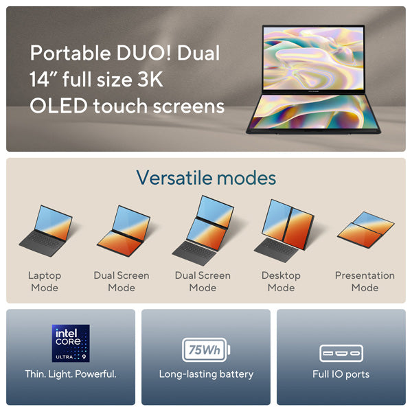 ASUS Zenbook Duo Intel Core Ultra 7 Processor, 32 GB LPDDR5X RAM, 1TB SSD, 14" OLED Display, Intel Arc Graphics, Windows 11 Home, Basalt Gray, 1 Year Warranty | UX8406CA-OLED7