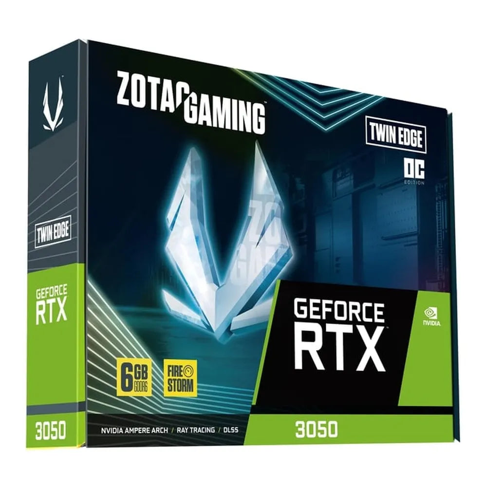 Zotac Gaming GeForce RTX 3050 Twin Edge OC Graphics Card, GDDR6 6GB 96-bit Memory, HDMI 2.1 & DP 2.1a Outputs, PCI Express 4.0, 1477 MHz Engine Clock, 14 Gbps Memory Clock, 1 Year Warranty | ZT-A30510H-10L