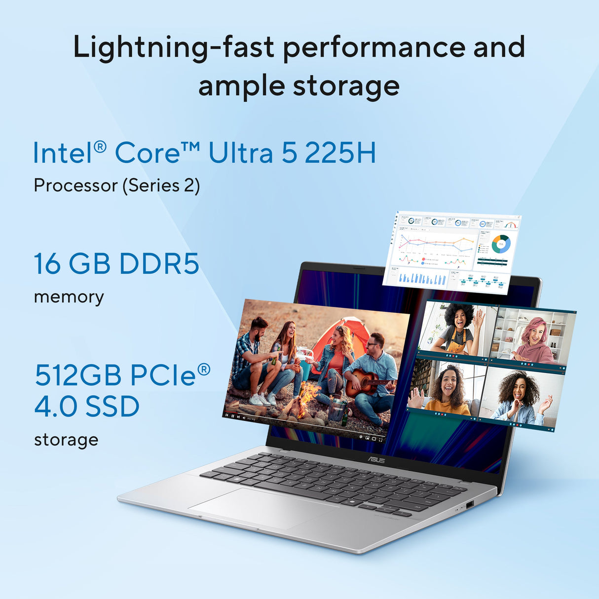 Asus Vivobook 14 Laptop, Intel Core Ultra 5 225H Processor, 16GB RAM, 512GB SSD, 14.0" WUXGA Display, Windows 11 Home, Cool Silver, Backlit English & Arabic Keyboard, 1 Year Warranty | X1407CA-LY148W